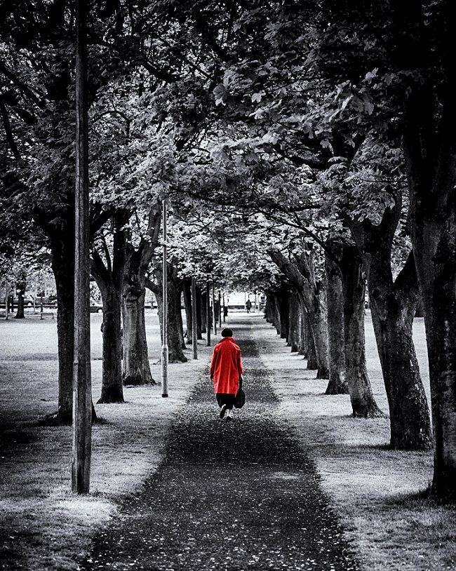 a woman in a bright red coat walks down a gray path